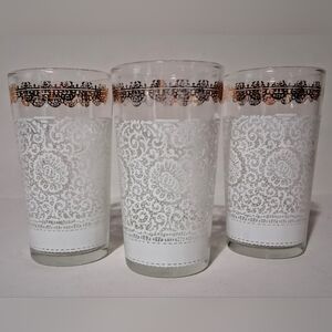 Lovely! 60s Hazel Atlas "White Lace & Gold" MCM Tumblers - HTF